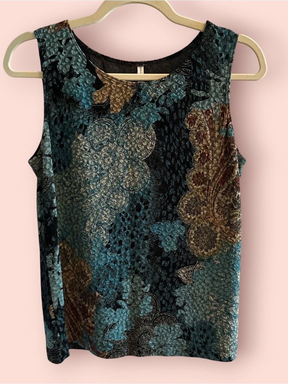 White Stag Burnout Velvet Sleeveless Top Teal Paisley Floral Whimsigoth